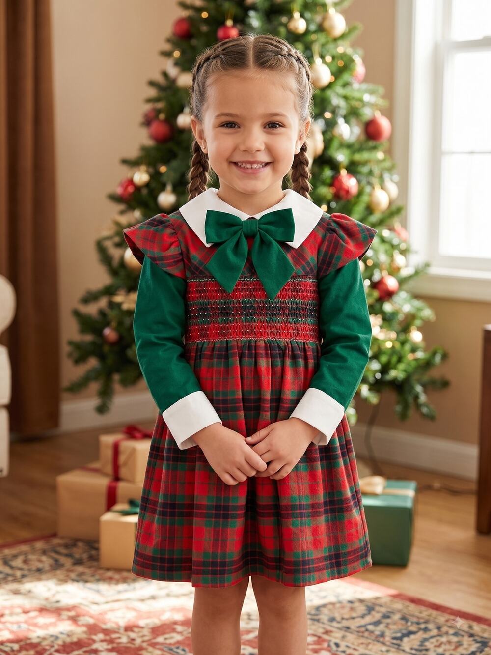 Vintage 60s 70s Polly Flinders Hand Smocked Christmas Plaid Girls Dress